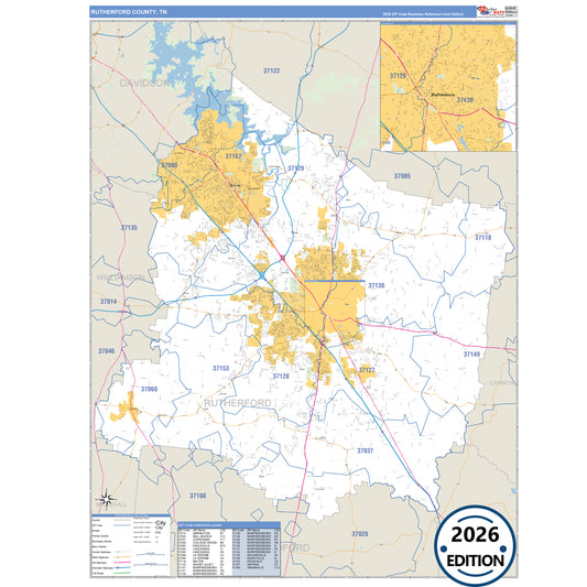 Rutherford County, TN Business Reference 5 Digit ZIP Code Wall Map