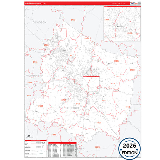 Rutherford County, TN Red Line 5 Digit ZIP Code Wall Map