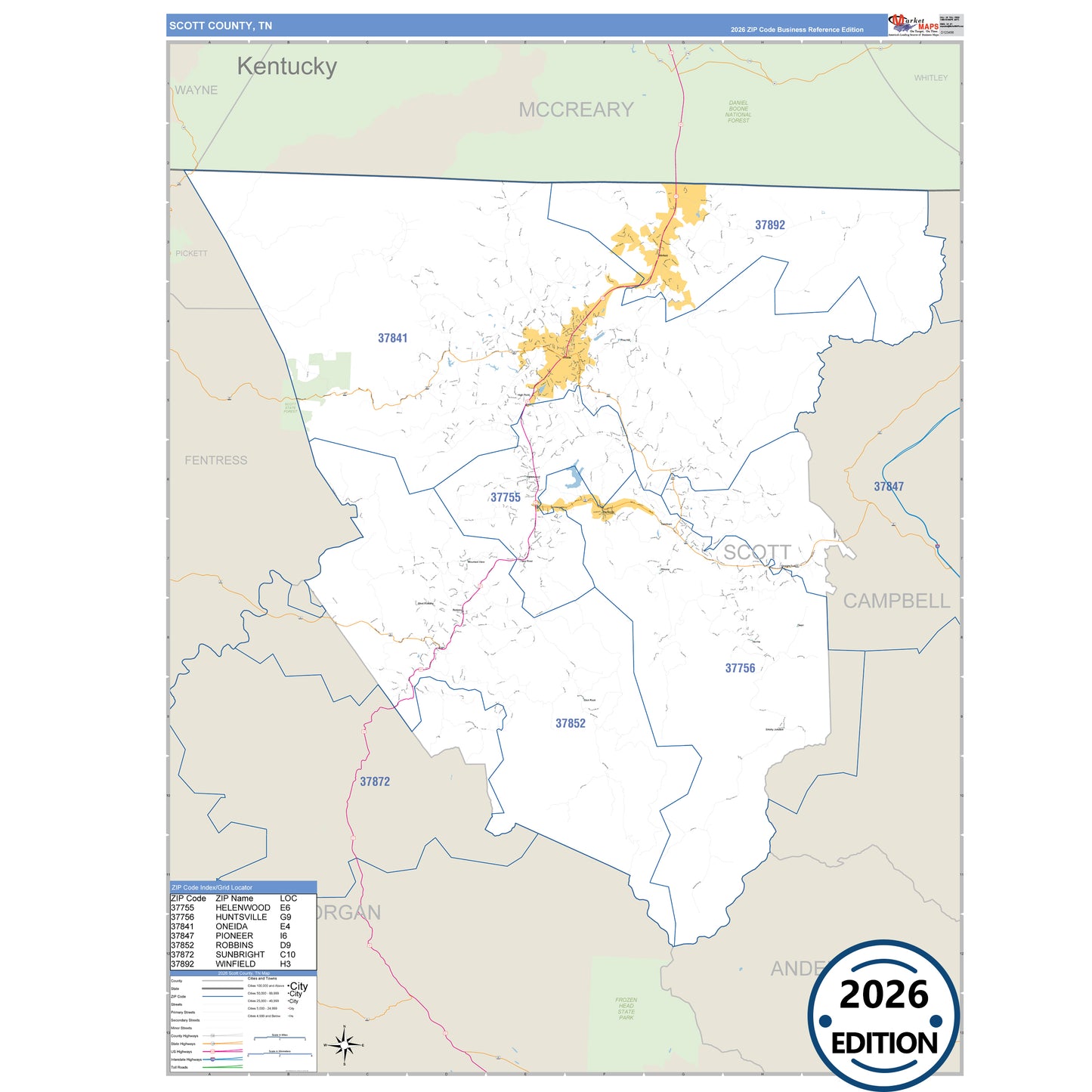 Scott County, TN Business Reference 5 Digit ZIP Code Wall Map