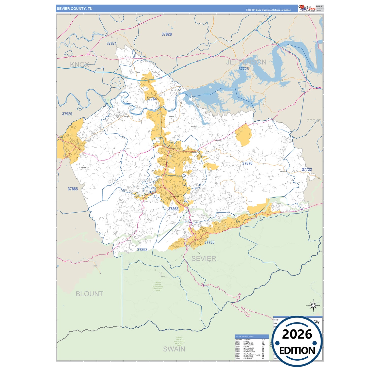 Sevier County, TN Business Reference 5 Digit ZIP Code Wall Map