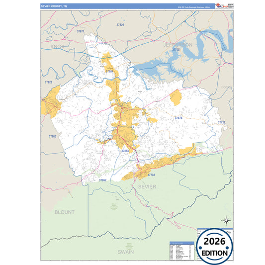 Sevier County, TN Business Reference 5 Digit ZIP Code Wall Map