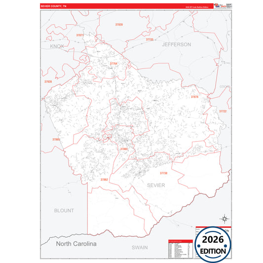 Sevier County, TN Red Line 5 Digit ZIP Code Wall Map