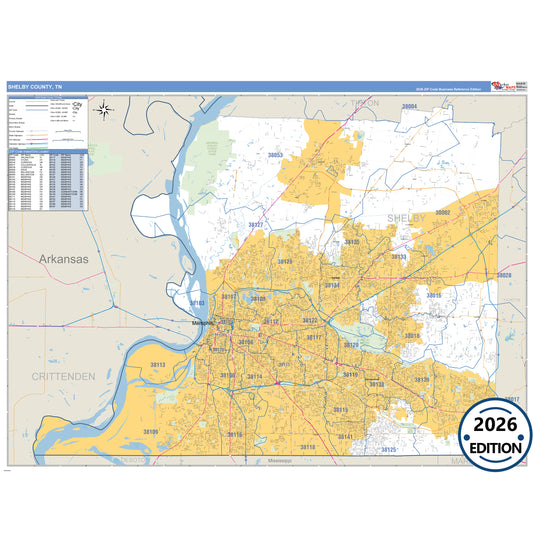 Shelby County, TN Business Reference 5 Digit ZIP Code Wall Map