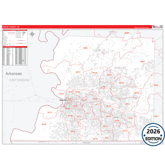 Shelby County, TN Red Line 5 Digit ZIP Code Wall Map