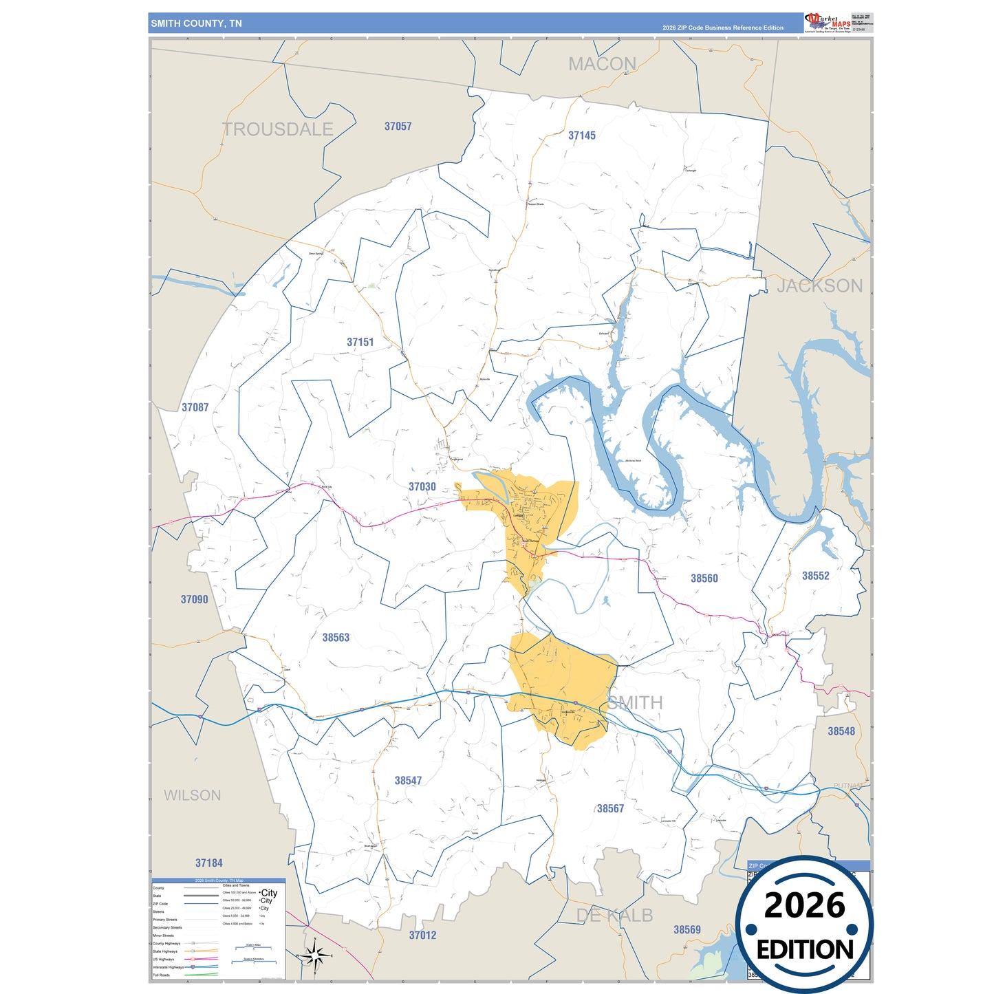 Smith County, TN Business Reference 5 Digit ZIP Code Wall Map