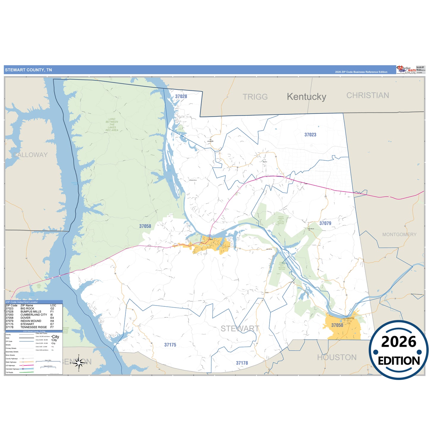 Stewart County, TN Business Reference 5 Digit ZIP Code Wall Map