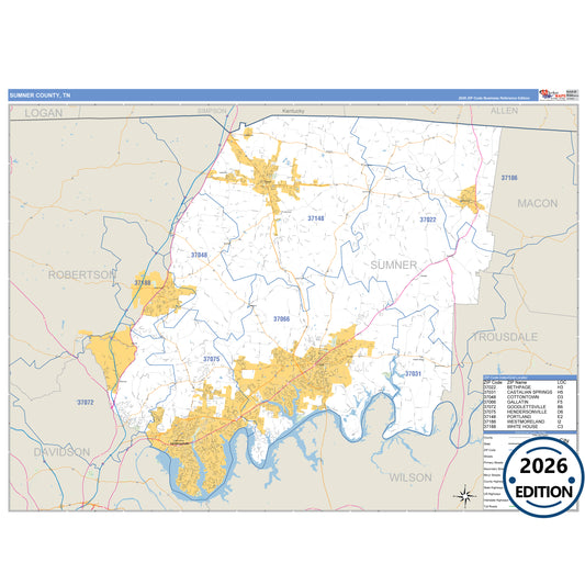 Sumner County, TN Business Reference 5 Digit ZIP Code Wall Map