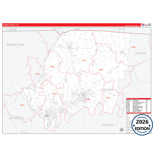 Sumner County, TN Red Line 5 Digit ZIP Code Wall Map