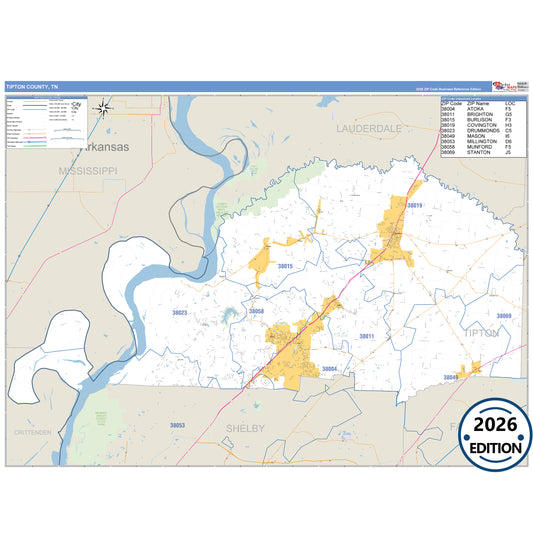 Tipton County, TN Business Reference 5 Digit ZIP Code Wall Map