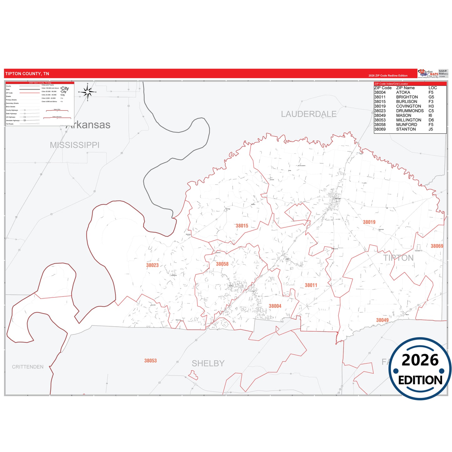 Tipton County, TN Red Line 5 Digit ZIP Code Wall Map
