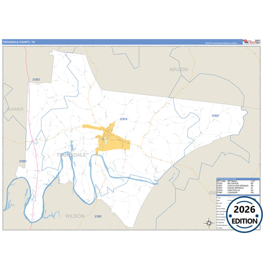 Trousdale County, TN Business Reference 5 Digit ZIP Code Wall Map