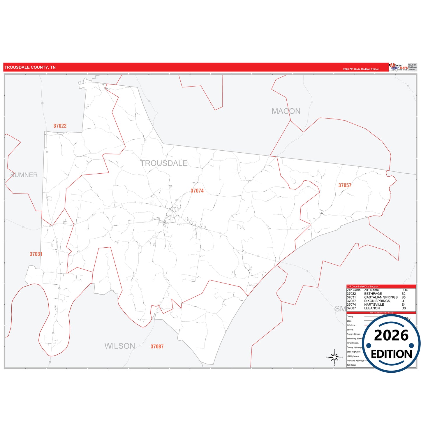 Trousdale County, TN Red Line 5 Digit ZIP Code Wall Map