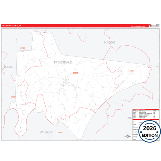 Trousdale County, TN Red Line 5 Digit ZIP Code Wall Map