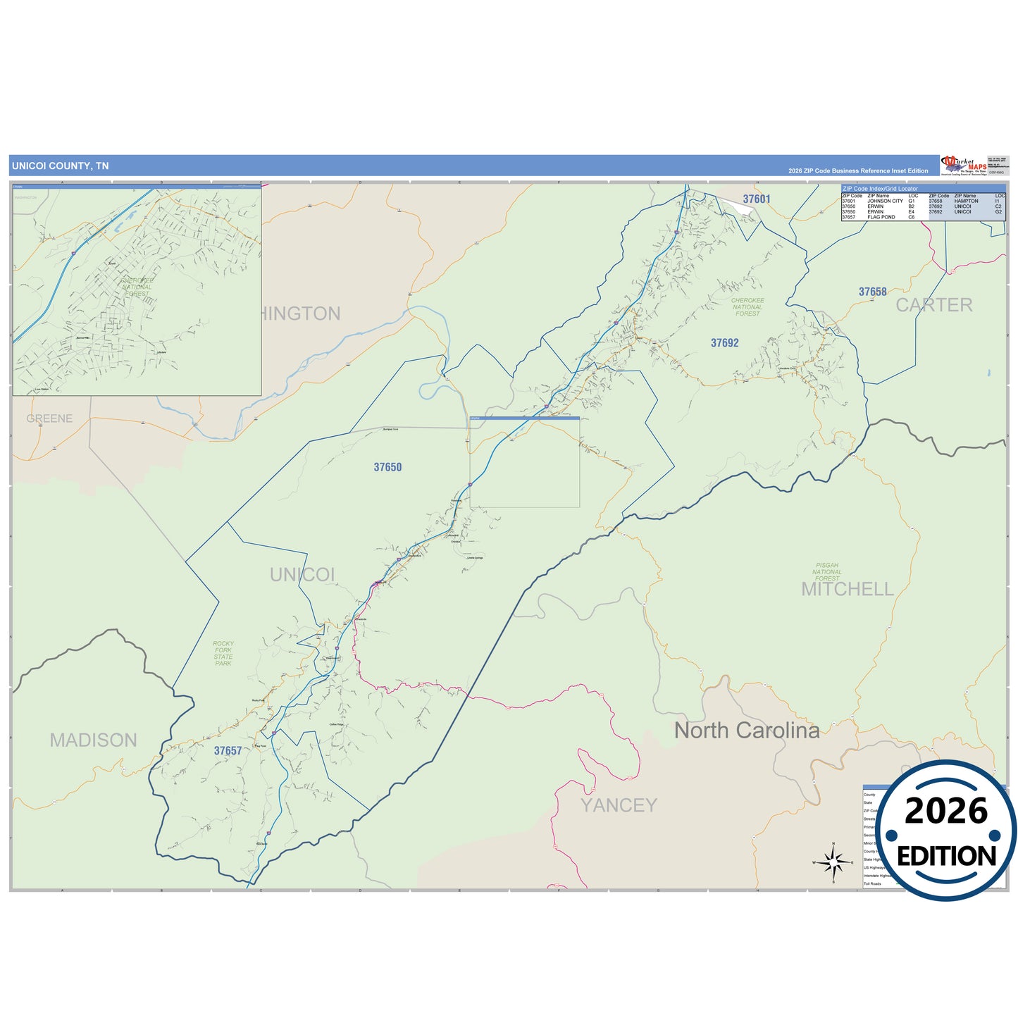 Unicoi County, TN Business Reference 5 Digit ZIP Code Wall Map