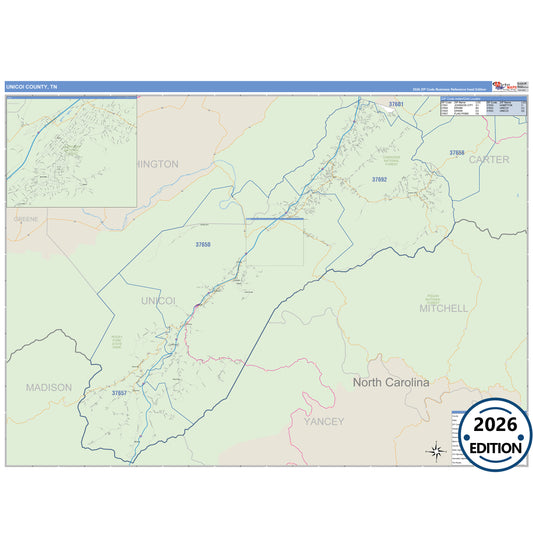 Unicoi County, TN Business Reference 5 Digit ZIP Code Wall Map