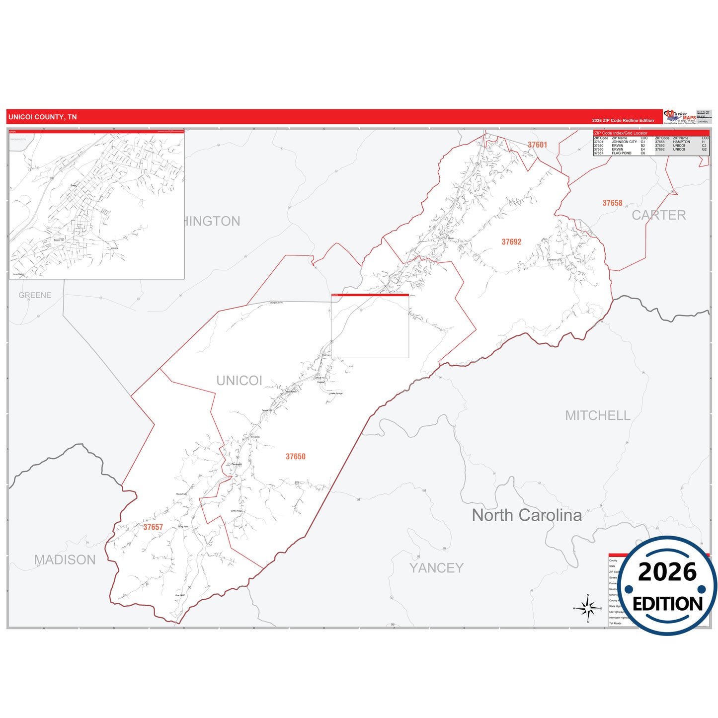 Unicoi County, TN Red Line 5 Digit ZIP Code Wall Map