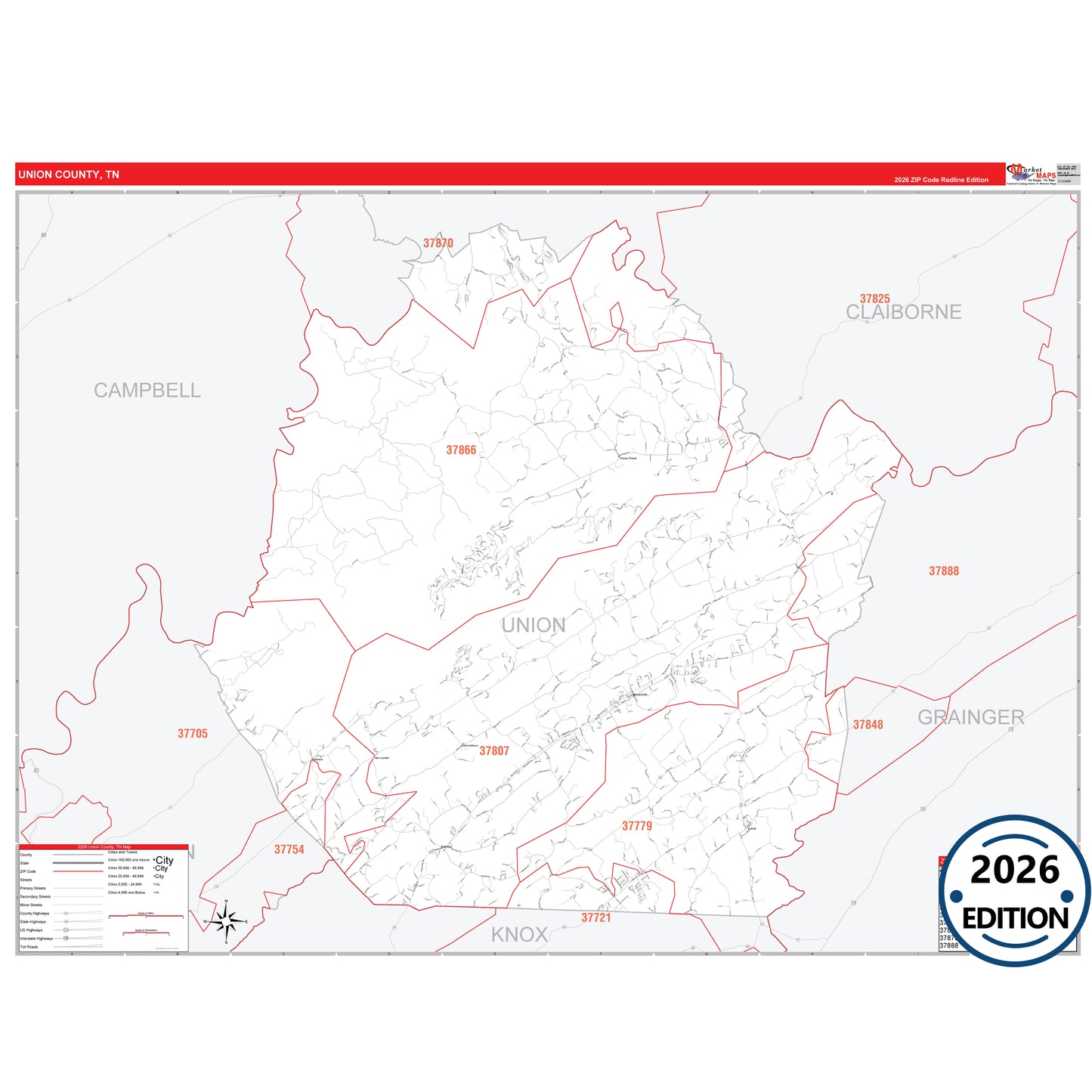 Union County, TN Red Line 5 Digit ZIP Code Wall Map