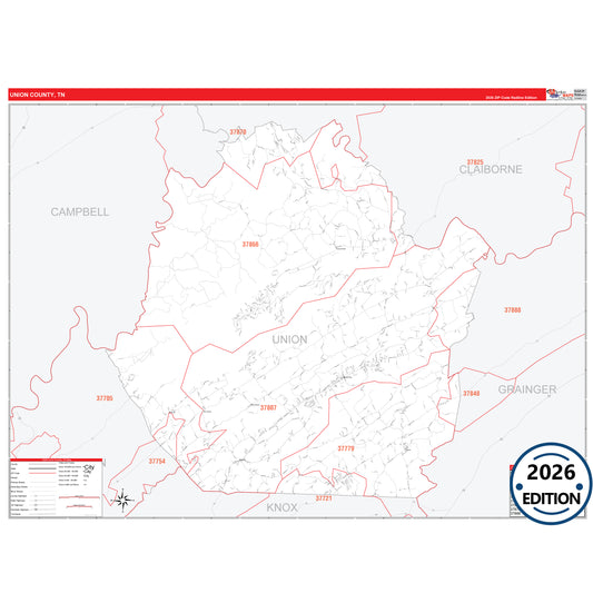 Union County, TN Red Line 5 Digit ZIP Code Wall Map
