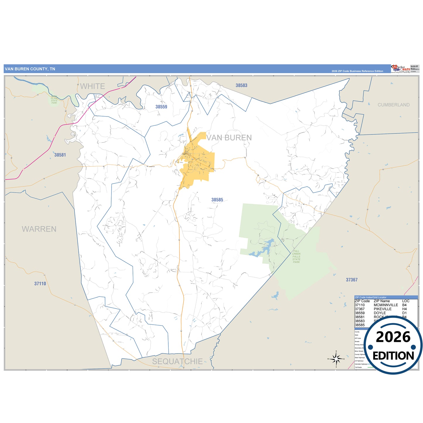 Van Buren County, TN Business Reference 5 Digit ZIP Code Wall Map