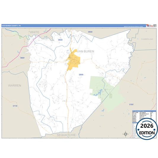 Van Buren County, TN Business Reference 5 Digit ZIP Code Wall Map