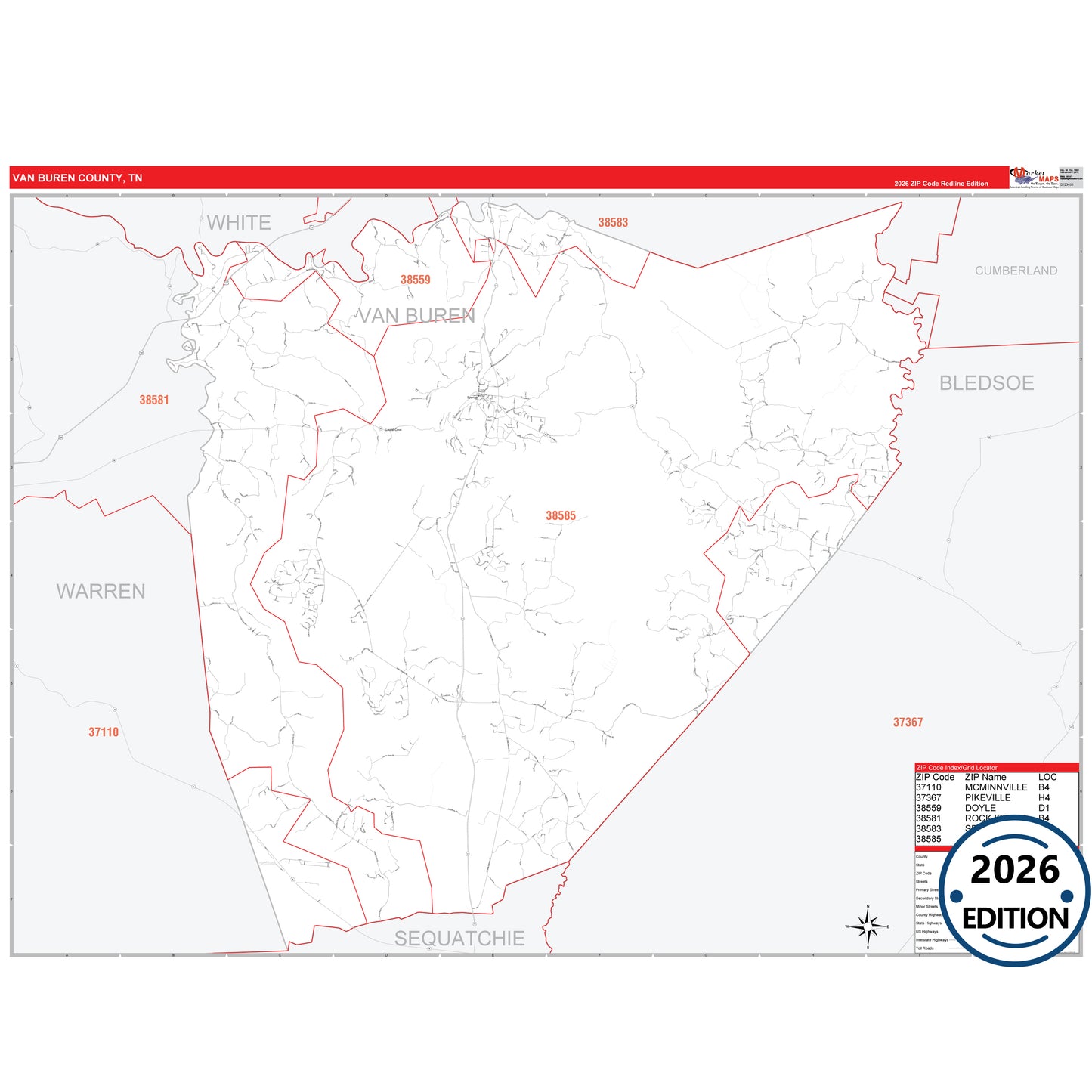 Van Buren County, TN Red Line 5 Digit ZIP Code Wall Map