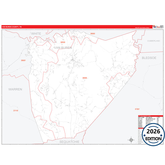 Van Buren County, TN Red Line 5 Digit ZIP Code Wall Map