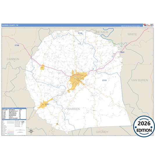 Warren County, TN Business Reference 5 Digit ZIP Code Wall Map