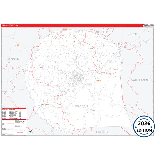 Warren County, TN Red Line 5 Digit ZIP Code Wall Map