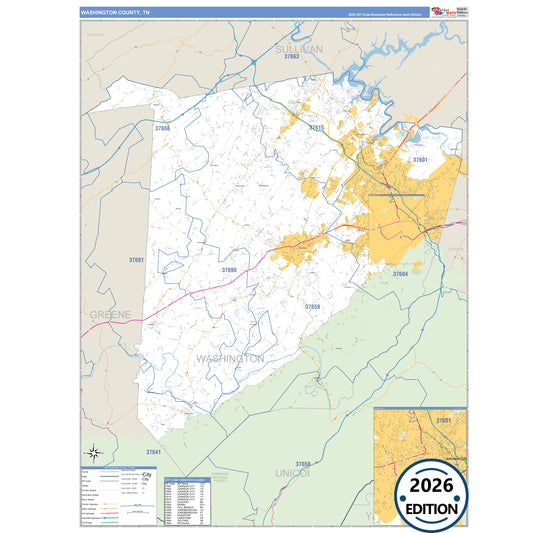 Washington County, TN Business Reference 5 Digit ZIP Code Wall Map