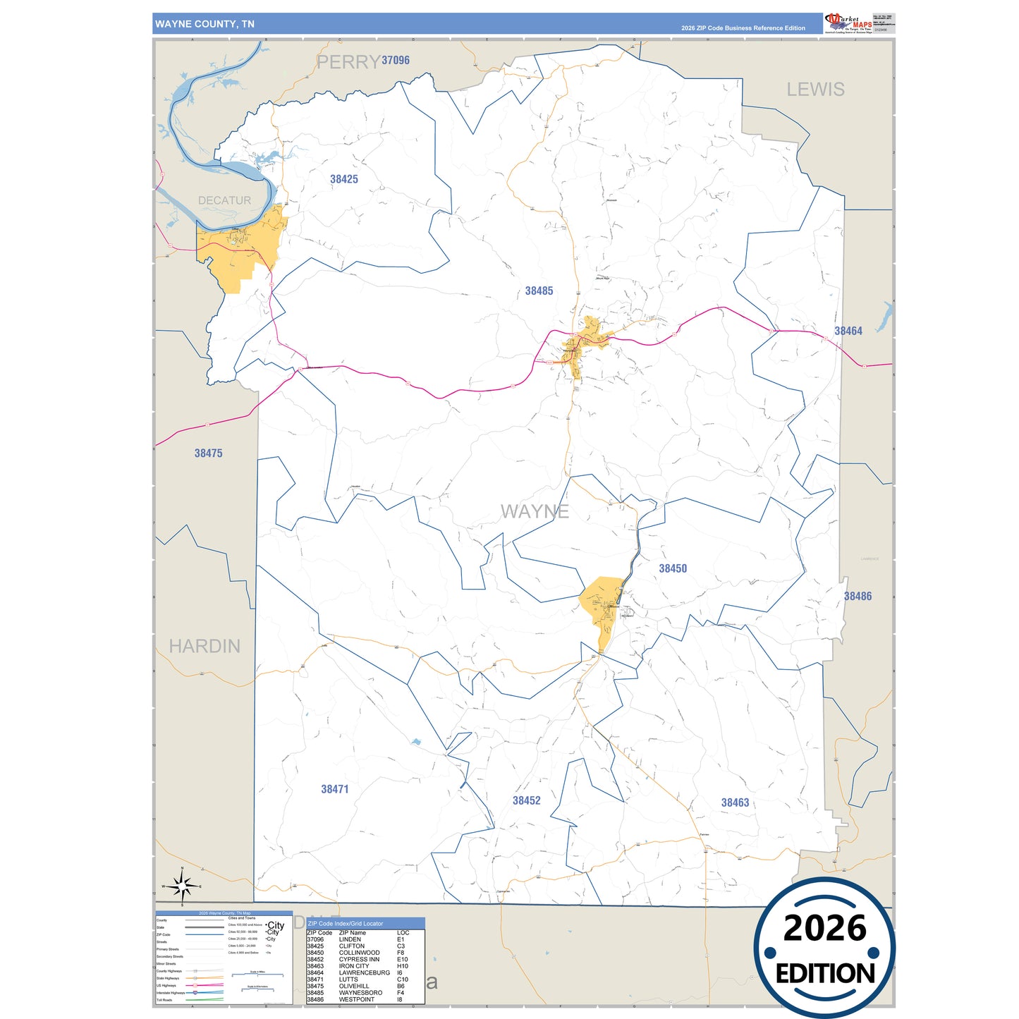 Wayne County, TN Business Reference 5 Digit ZIP Code Wall Map
