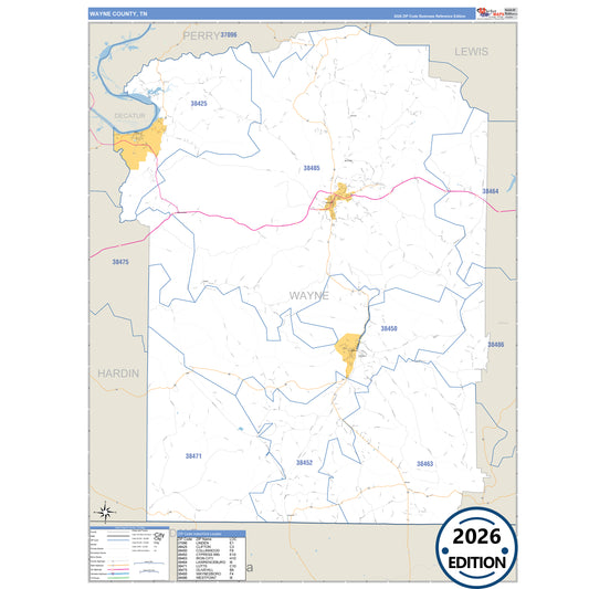 Wayne County, TN Business Reference 5 Digit ZIP Code Wall Map