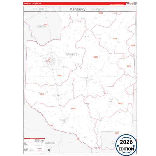 Weakley County, TN Red Line 5 Digit ZIP Code Wall Map