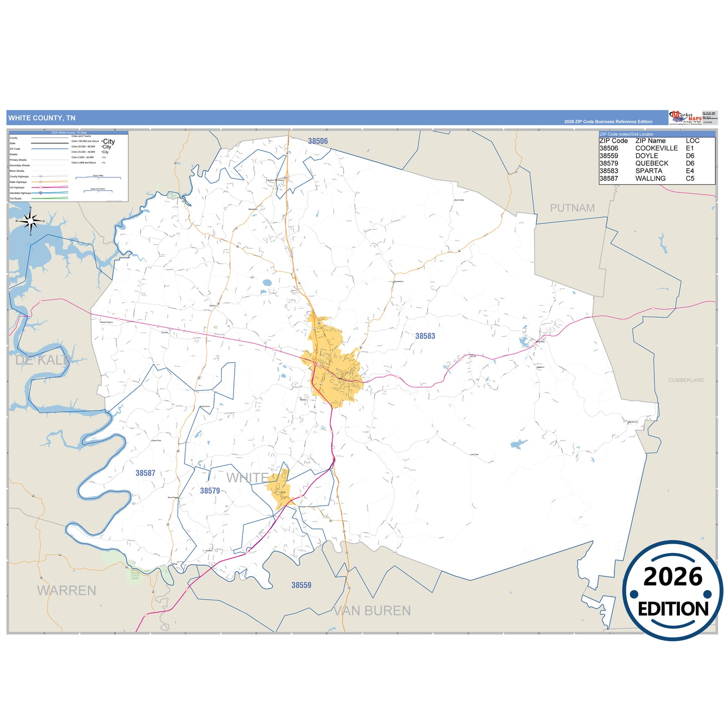 White County, TN Business Reference 5 Digit ZIP Code Wall Map