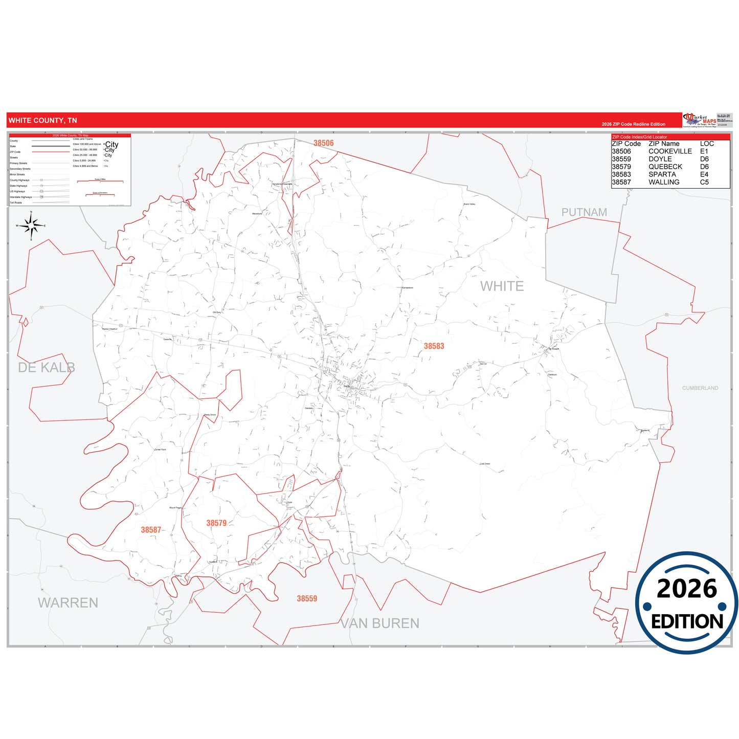 White County, TN Red Line 5 Digit ZIP Code Wall Map