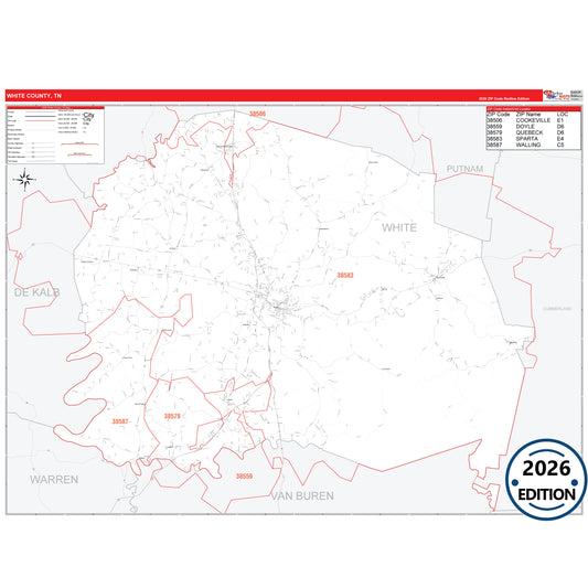 White County, TN Red Line 5 Digit ZIP Code Wall Map