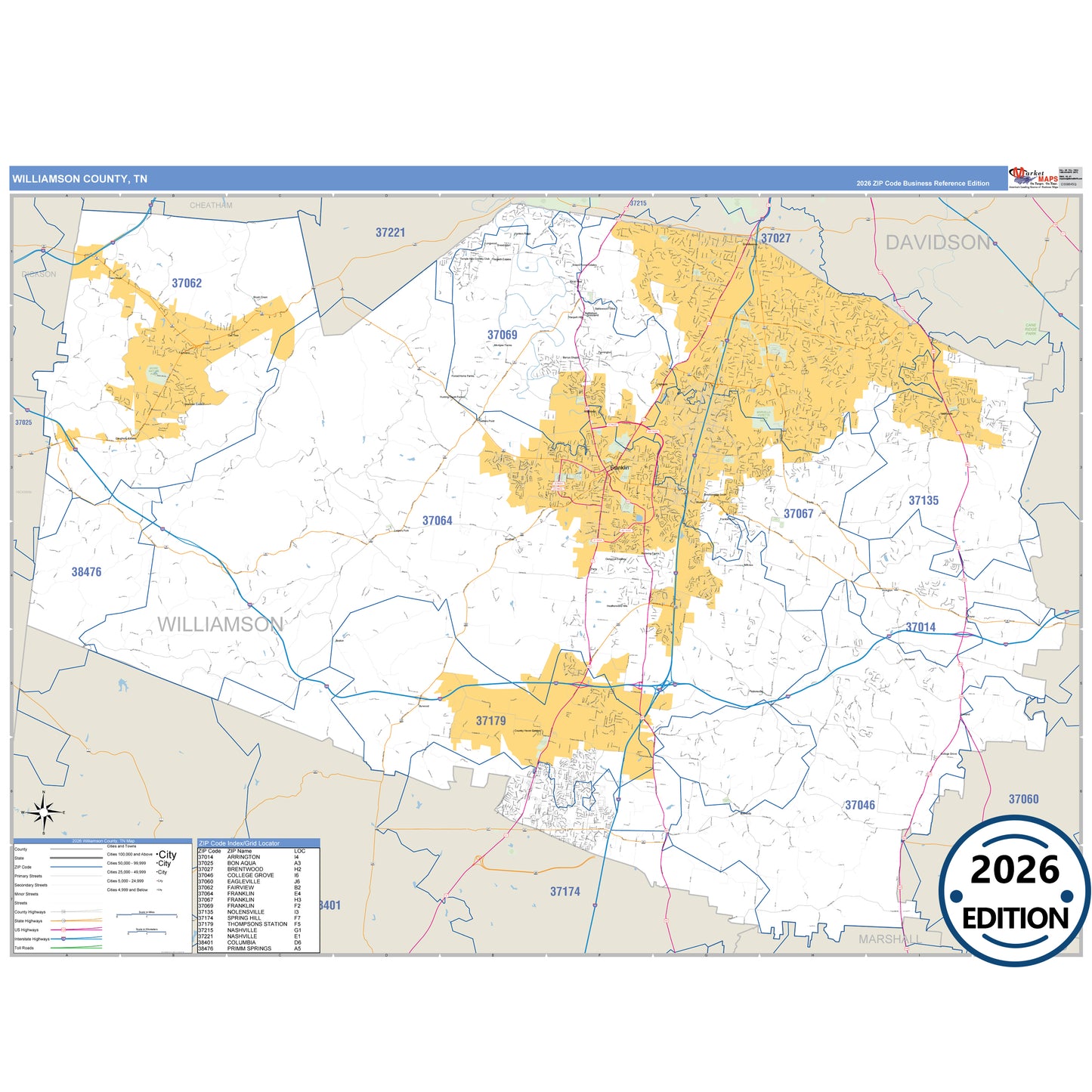 Williamson County, TN Business Reference 5 Digit ZIP Code Wall Map