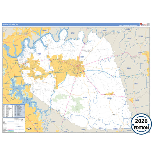Wilson County, TN Business Reference 5 Digit ZIP Code Wall Map