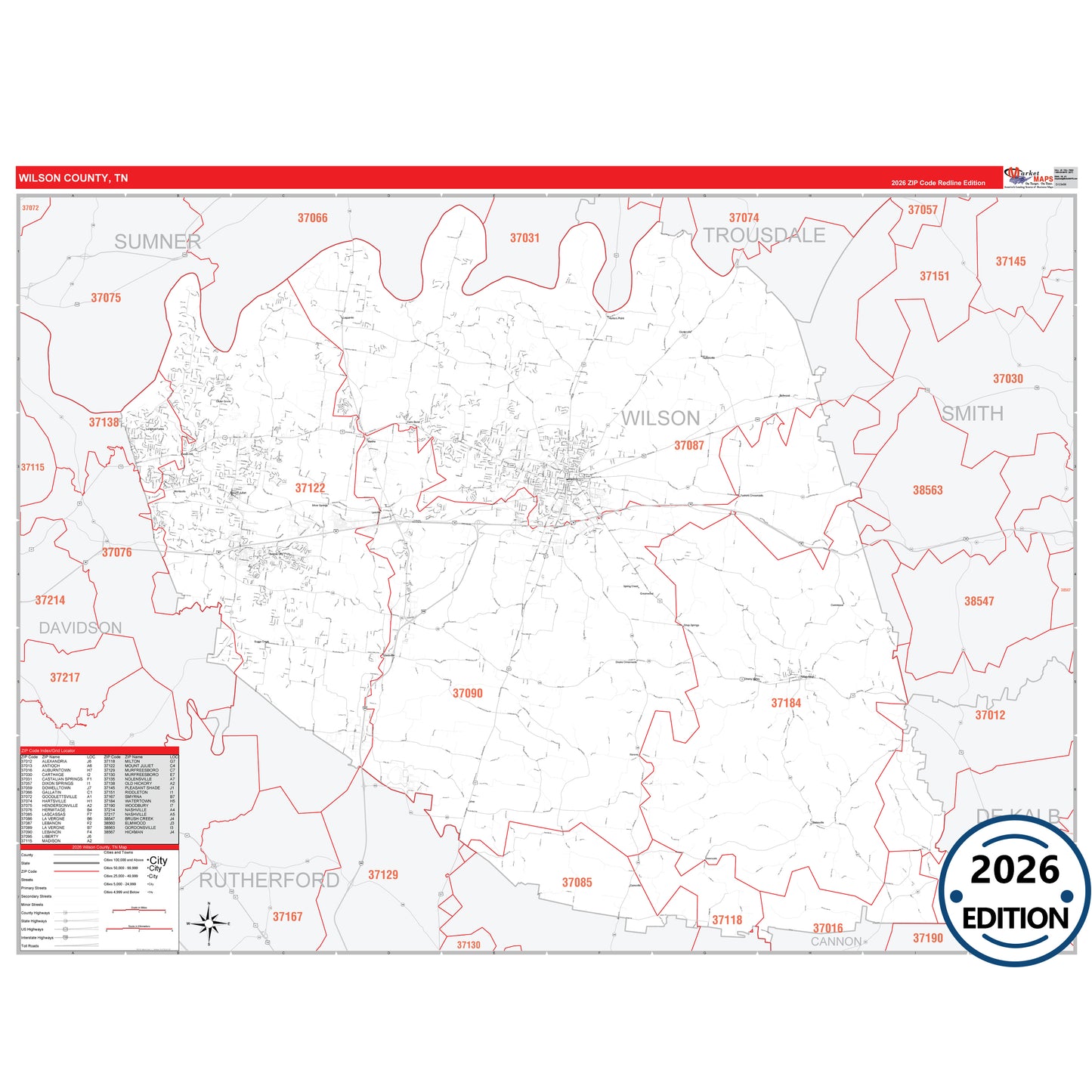 Wilson County, TN Red Line 5 Digit ZIP Code Wall Map