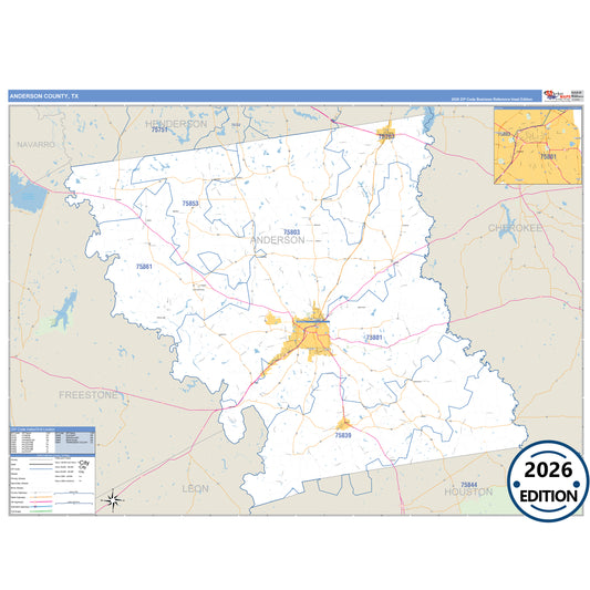 Anderson County, TX Business Reference 5 Digit ZIP Code Wall Map