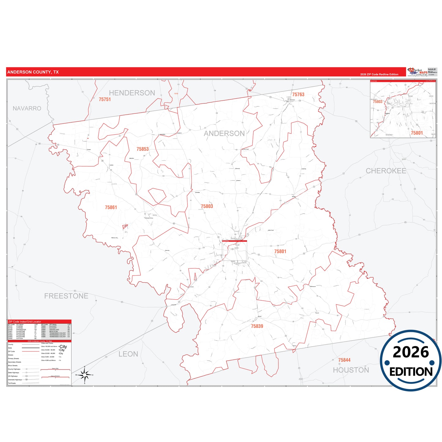 Anderson County, TX Red Line 5 Digit ZIP Code Wall Map