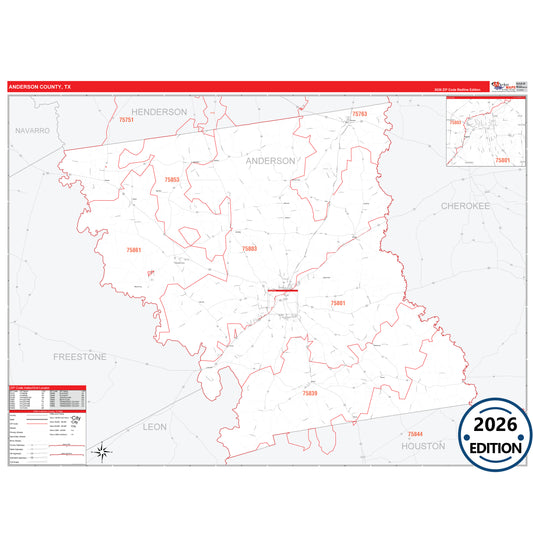 Anderson County, TX Red Line 5 Digit ZIP Code Wall Map