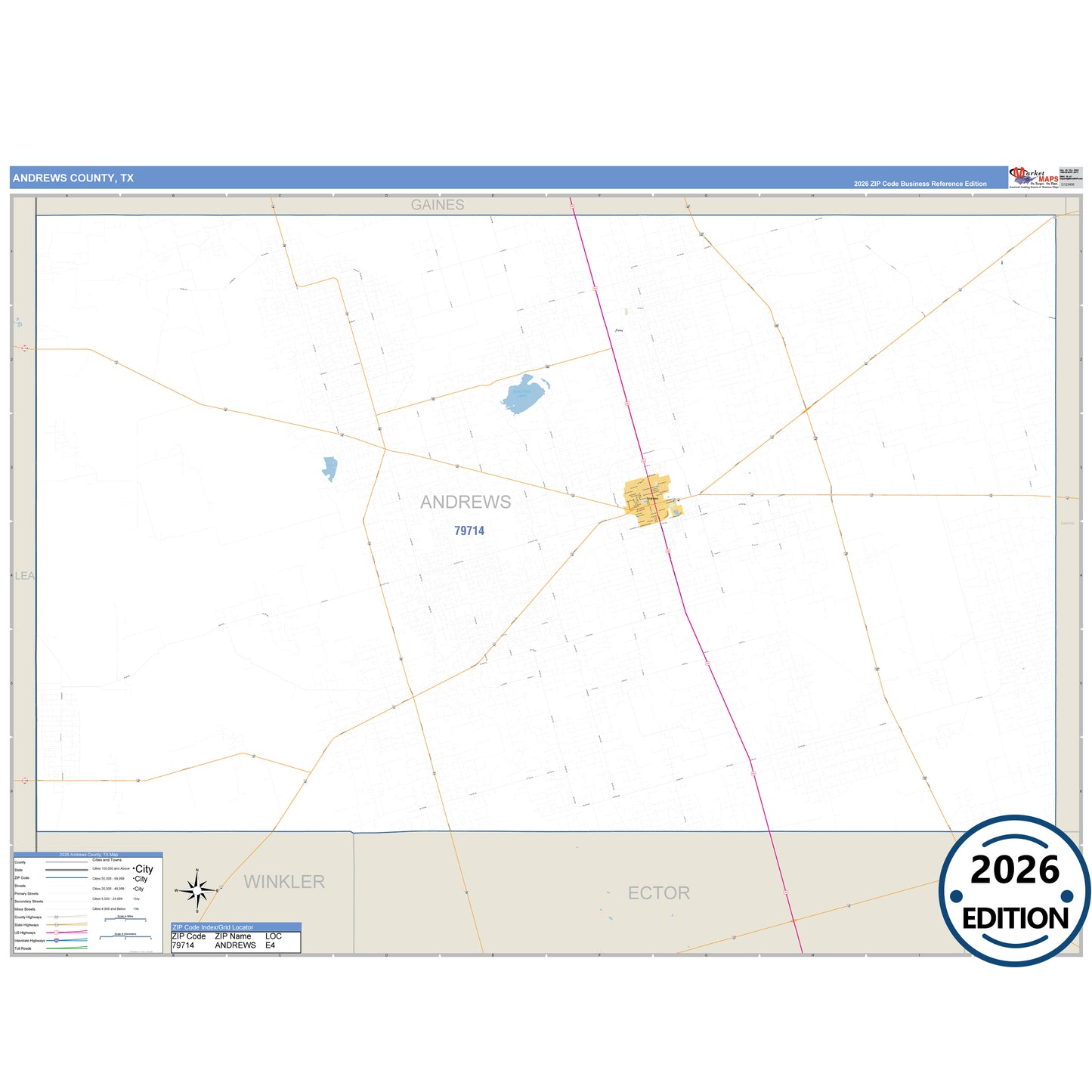 Andrews County, TX Business Reference 5 Digit ZIP Code Wall Map