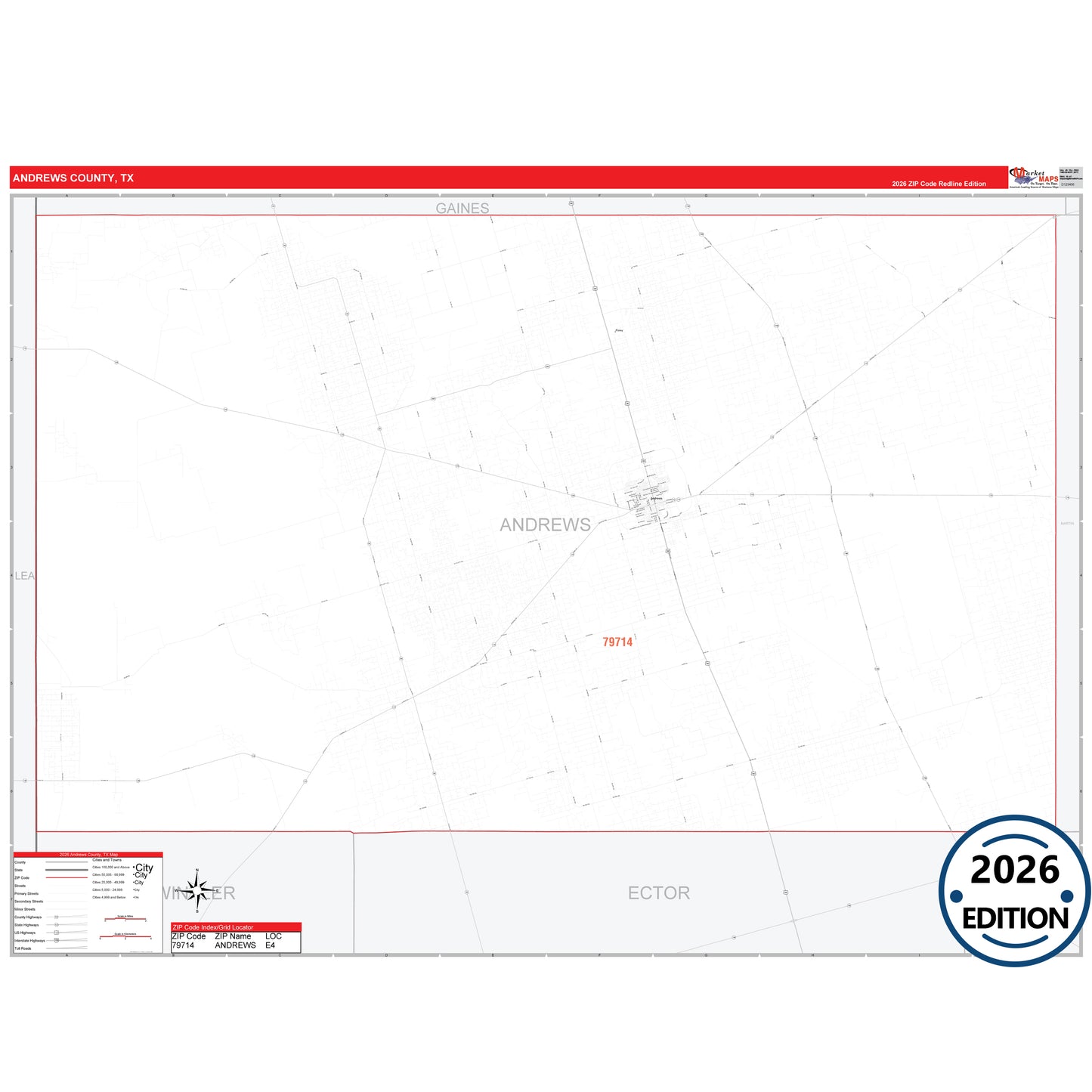 Andrews County, TX Red Line 5 Digit ZIP Code Wall Map