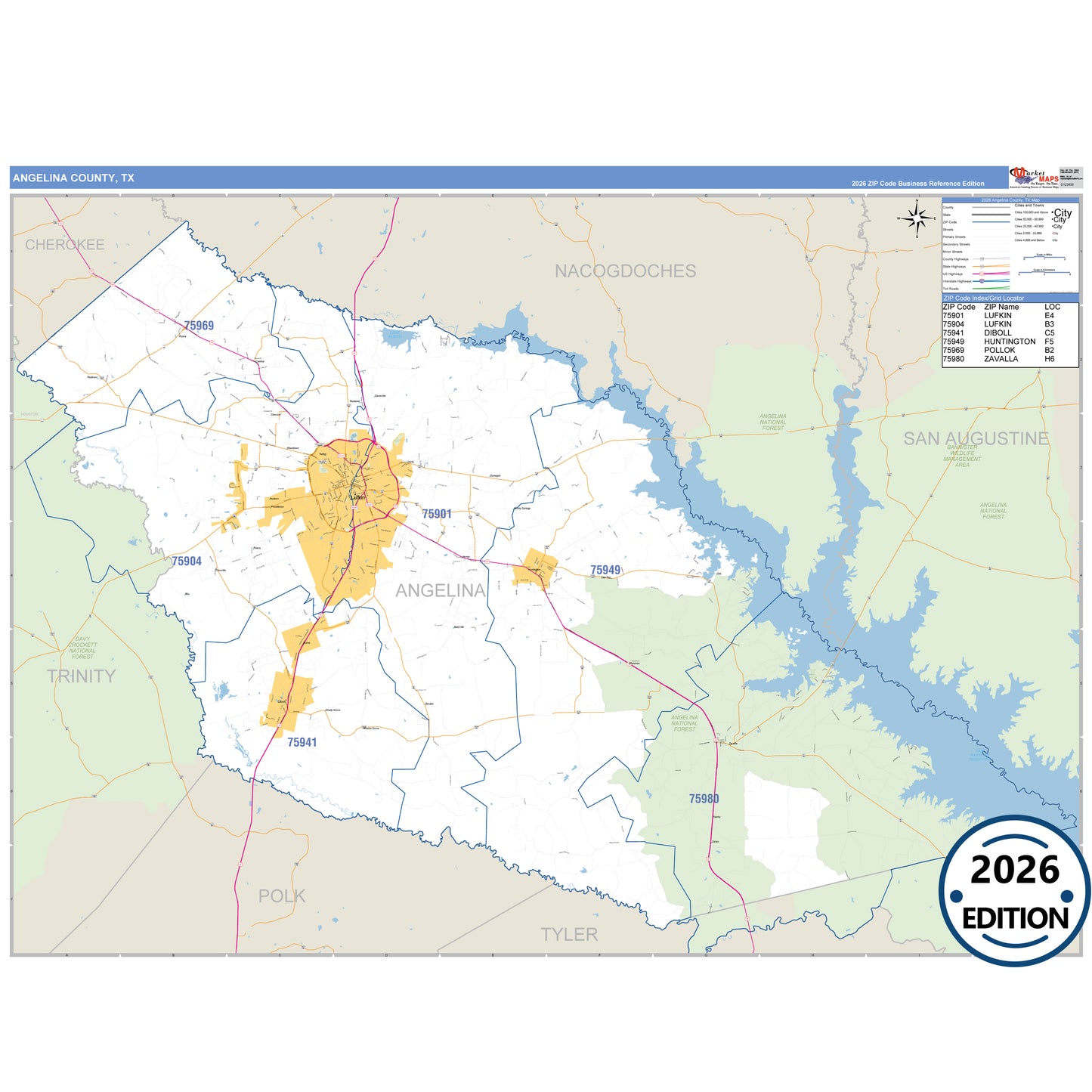 Angelina County, TX Business Reference 5 Digit ZIP Code Wall Map