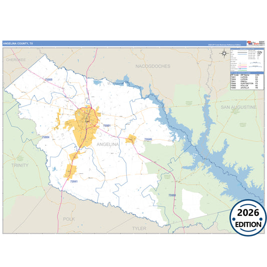 Angelina County, TX Business Reference 5 Digit ZIP Code Wall Map