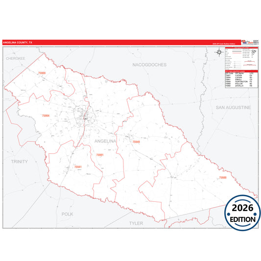 Angelina County, TX Red Line 5 Digit ZIP Code Wall Map