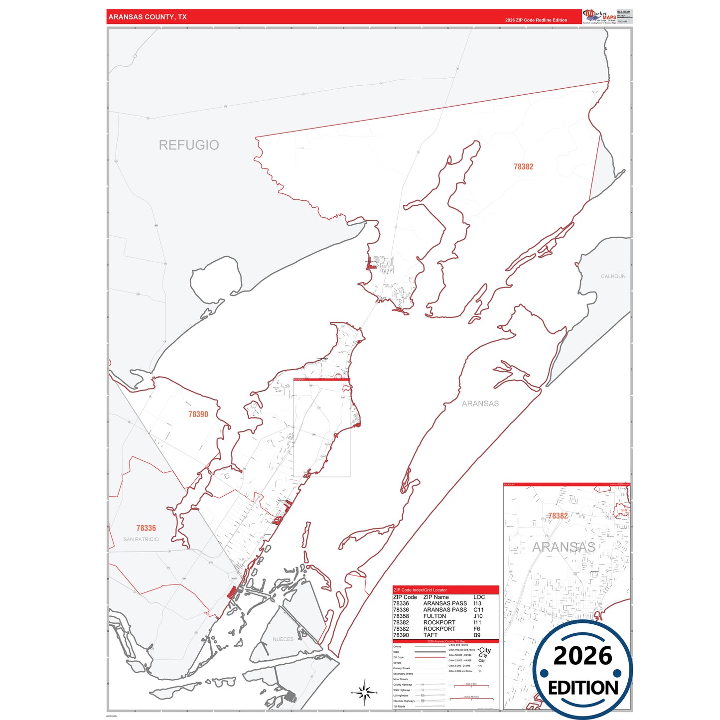 Aransas County, TX Red Line 5 Digit ZIP Code Wall Map