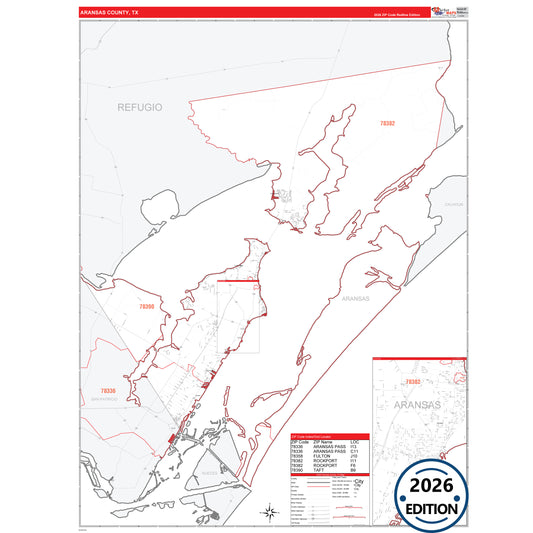 Aransas County, TX Red Line 5 Digit ZIP Code Wall Map