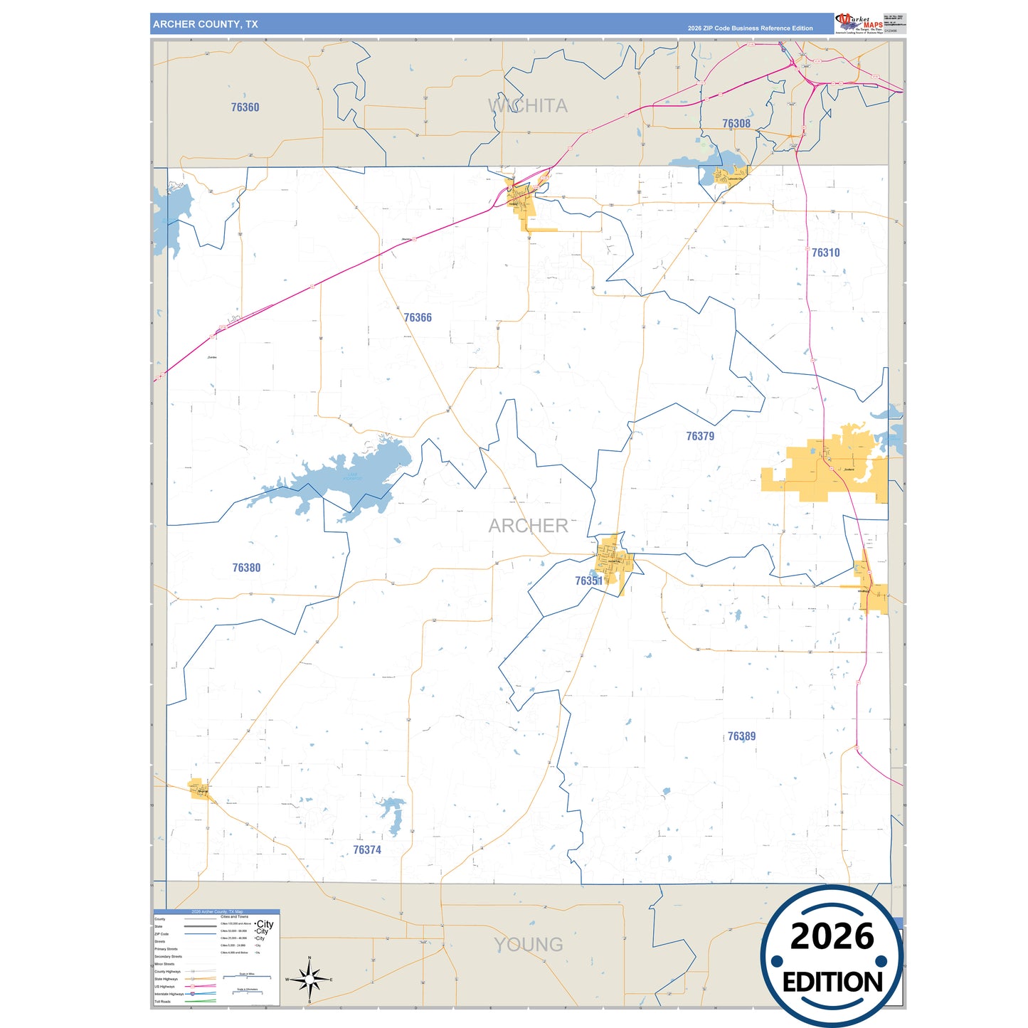 Archer County, TX Business Reference 5 Digit ZIP Code Wall Map