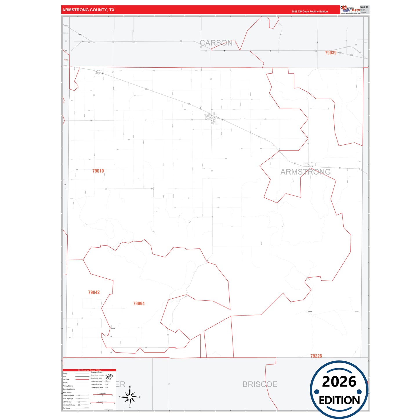 Armstrong County, TX Red Line 5 Digit ZIP Code Wall Map